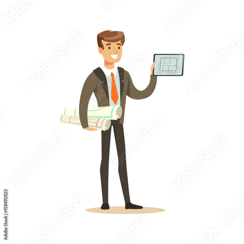Young smiling architect standing and holding projects blueprints rolls and tablet with his project, colorful character vector Illustration