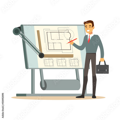 Young architect working on his project on a drawing board, colorful character vector Illustration