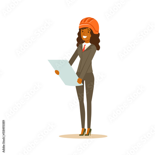 Smiling architect woman in helmet standing and reviewing document, colorful character vector Illustration