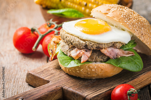 Homemmade Bacon Hamburger with fried Egg photo