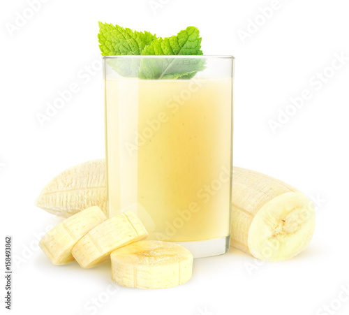 Isolated drink. Banana smoothie and peeled sliced fruit isolated on white background with clipping path