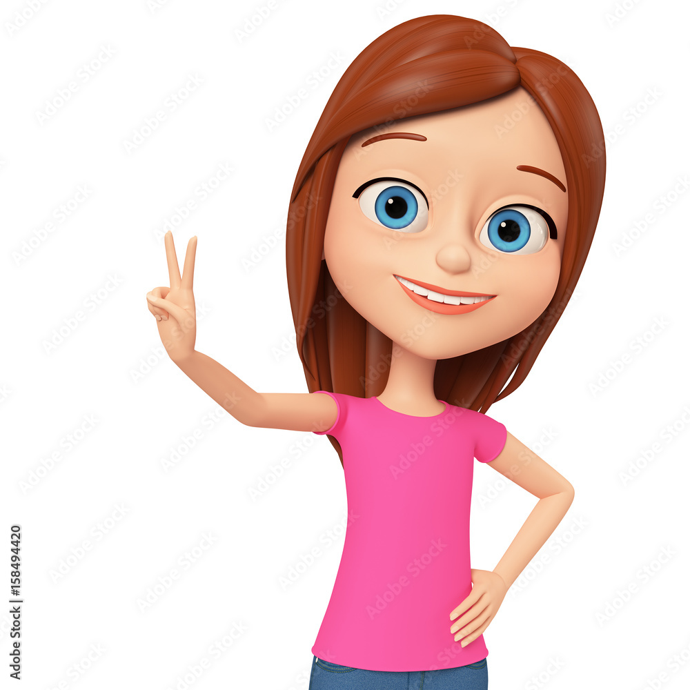 Girl isolated on white background smiles and showing the peace of the world. 3d rendered illustration. Girl isolated on white background smiles and showing the peace of the world. 3d rendered illustration.