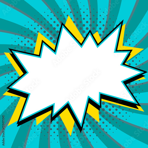 Pop art styled speech bubble template for your design. Comics pop-art style empty bang shape on a multi color twisted background.