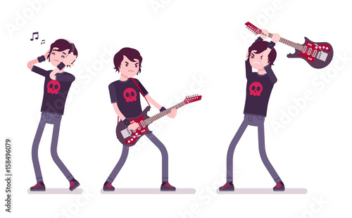 Emo boy playing guitar, listening to music