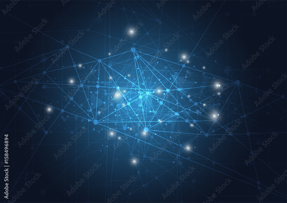 Abstract technology blue glowing connections in space with particles, big data, computer generated abstract background. Vector Illustration