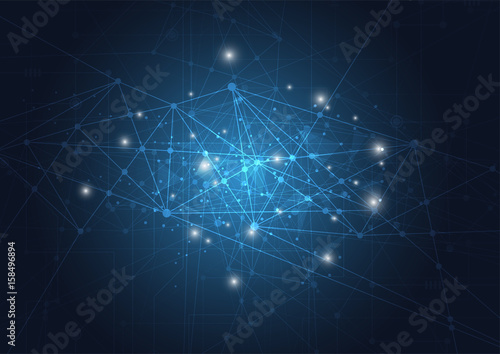 Abstract technology blue glowing connections in space with particles, big data, computer generated abstract background. Vector Illustration