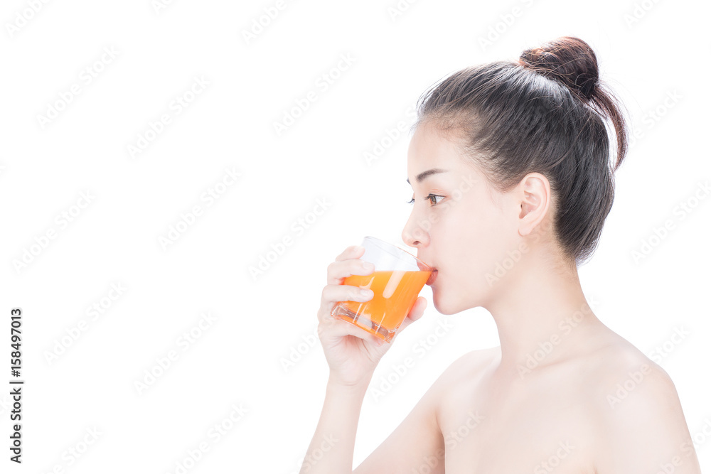 woman isolated on white studio shot drinking orange juice face skin woman isolated on white studio shot drinking orange juice face skin