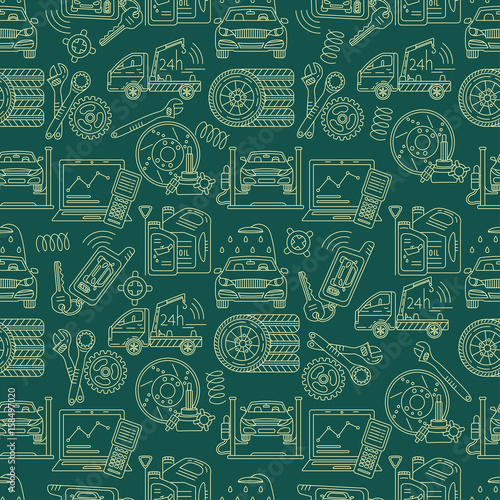 Seamless vector pattern with car service thin line symbols.