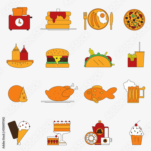 Trendy color flat food products icon set. European lunch. Vector illustration. Design elements dishes collection. artoon style fast food. Cafe. Sandwich. Snack. Nosh. Simple. Hamburger.