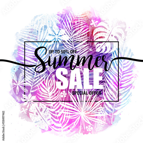 poster summer sale on a trendy tropical watercolor background, exotic palm tr...