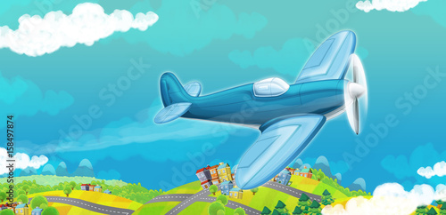 cartoon traditional plane with propeller flying over city