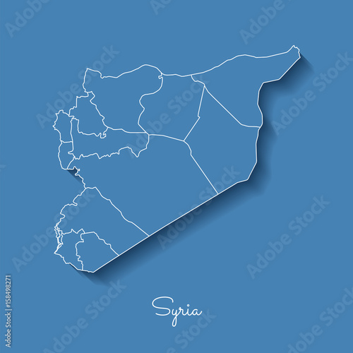 Syria region map: blue with white outline and shadow on blue background. Detailed map of Syria regions. Vector illustration.