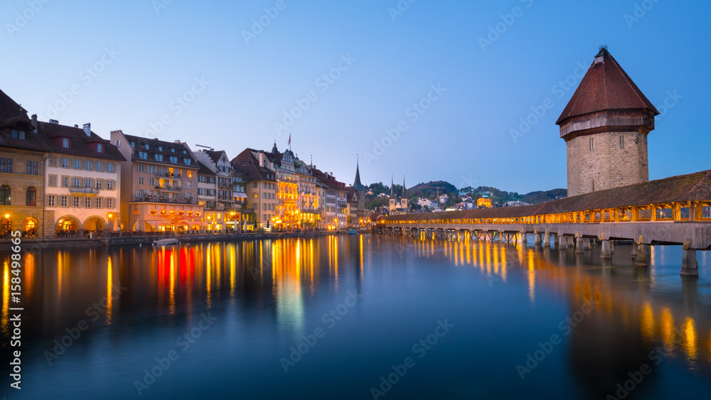 Historic city center of Lucerne with famous Chapel Bridge and lake Lucerne (Vierwaldstatersee), Canton of Lucerne, Switzerland