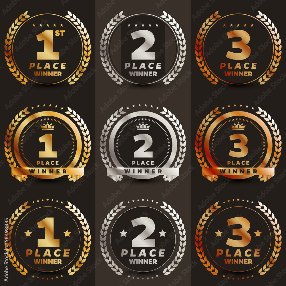 1st, 2nd, 3rd place gold colored logo's. Vector illustration.