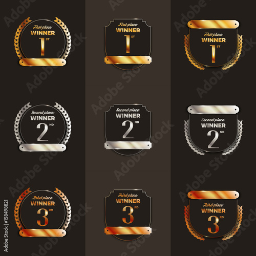 1st, 2nd, 3rd place gold colored logo's. Vector illustration.