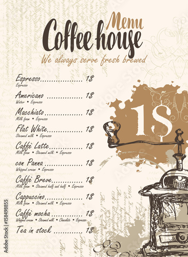 vector menu with price list, coffee grinder and inscriptions coffee house on the background of manuscript with splashes and stains in retro style