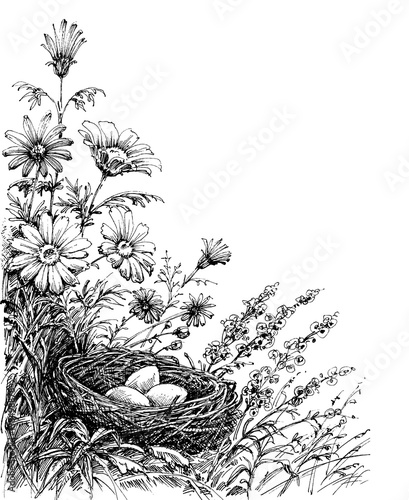 Floral background and a bird's nest
