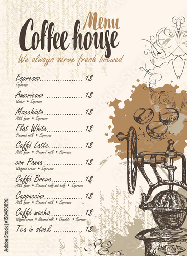 vector menu with price list, old coffee mill and inscriptions coffee house on the background of manuscript with splashes and stains in retro style