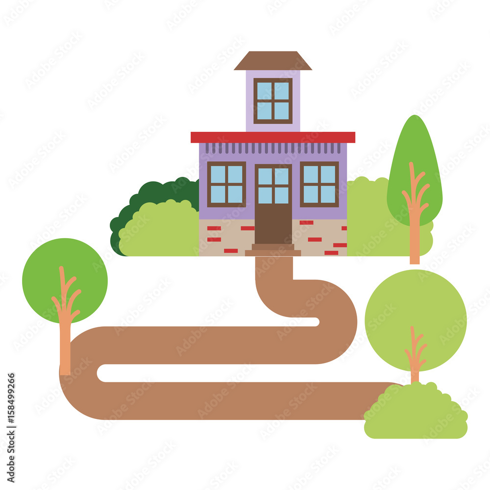 white background with natural landscape and house with small attic vector illustration