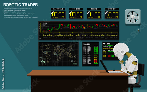 Robot is trading stock in blue trading room
