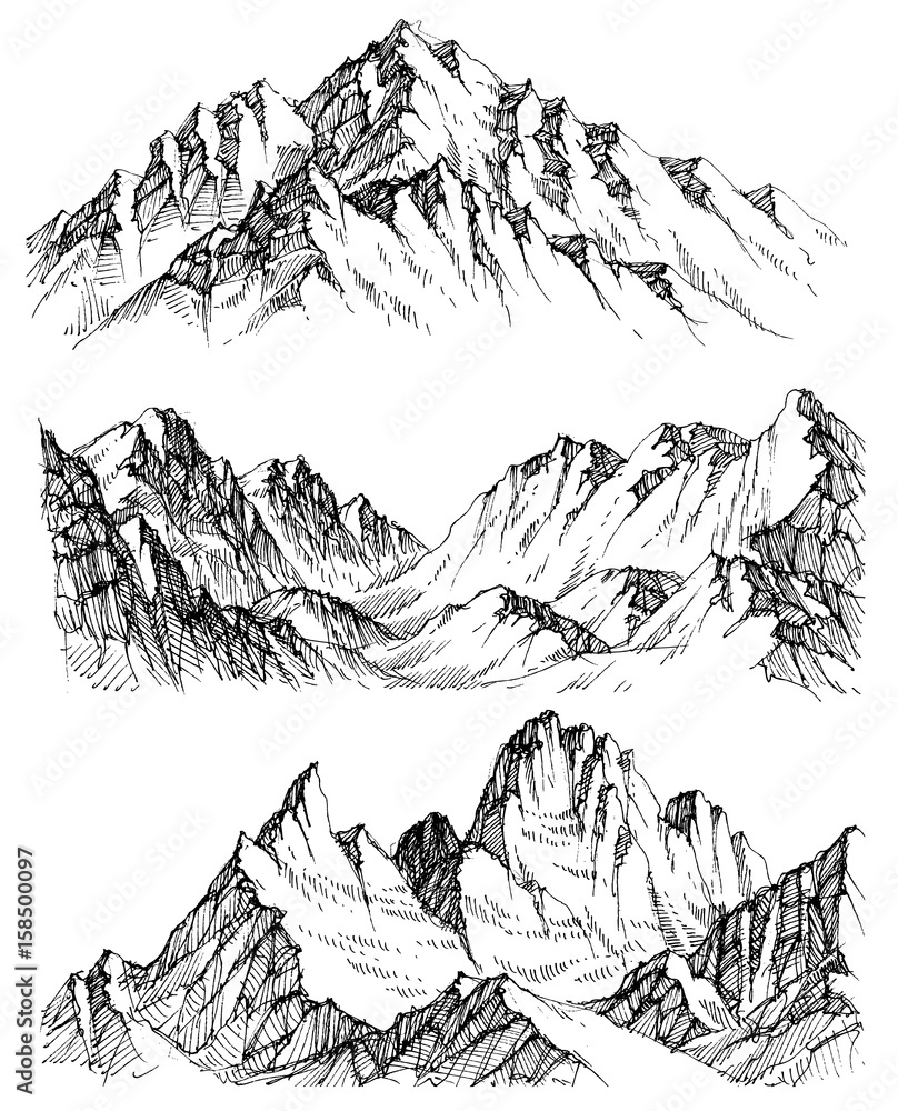 Mountains vector set. Hand drawn rocky peaks Mountains vector set. Hand drawn rocky peaks