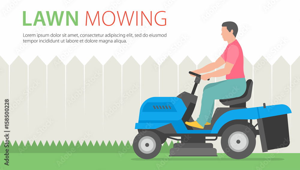 Man mowing the lawn with blue Tractor LawnMower Man mowing the lawn with blue Tractor LawnMower