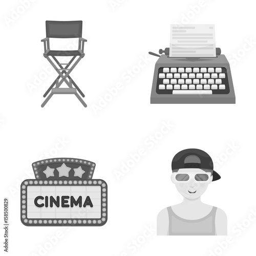 Chair of the director, typewriter, cinematographic signboard, film-man. Films and cinema set collection icons in monochrome style vector symbol stock illustration web.