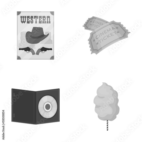 Western cinema, tickets, sweet cotton wool, film on DVD.Filmy and cinema set collection icons in monochrome style vector symbol stock illustration web.