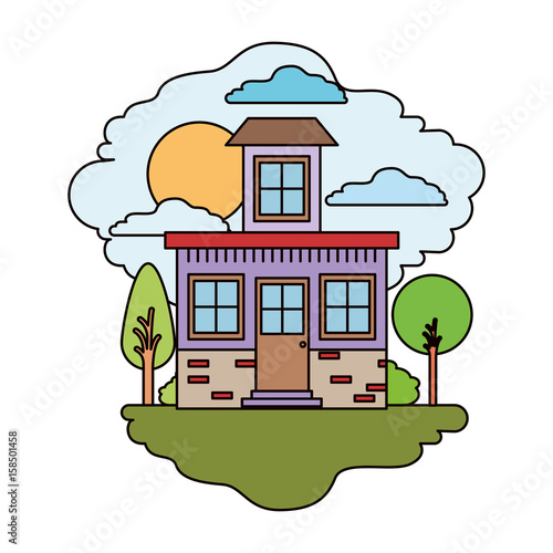 white background with colorful scene of natural landscape and house with small attic in sunny day vector illustration