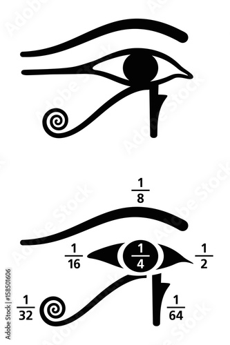 Eye of Horus fractions values. In Ancient Egyptian, fractions were written as sum of unit fractions, represented by different parts of the Eye of Horus symbol. Black and white illustration. Vector.