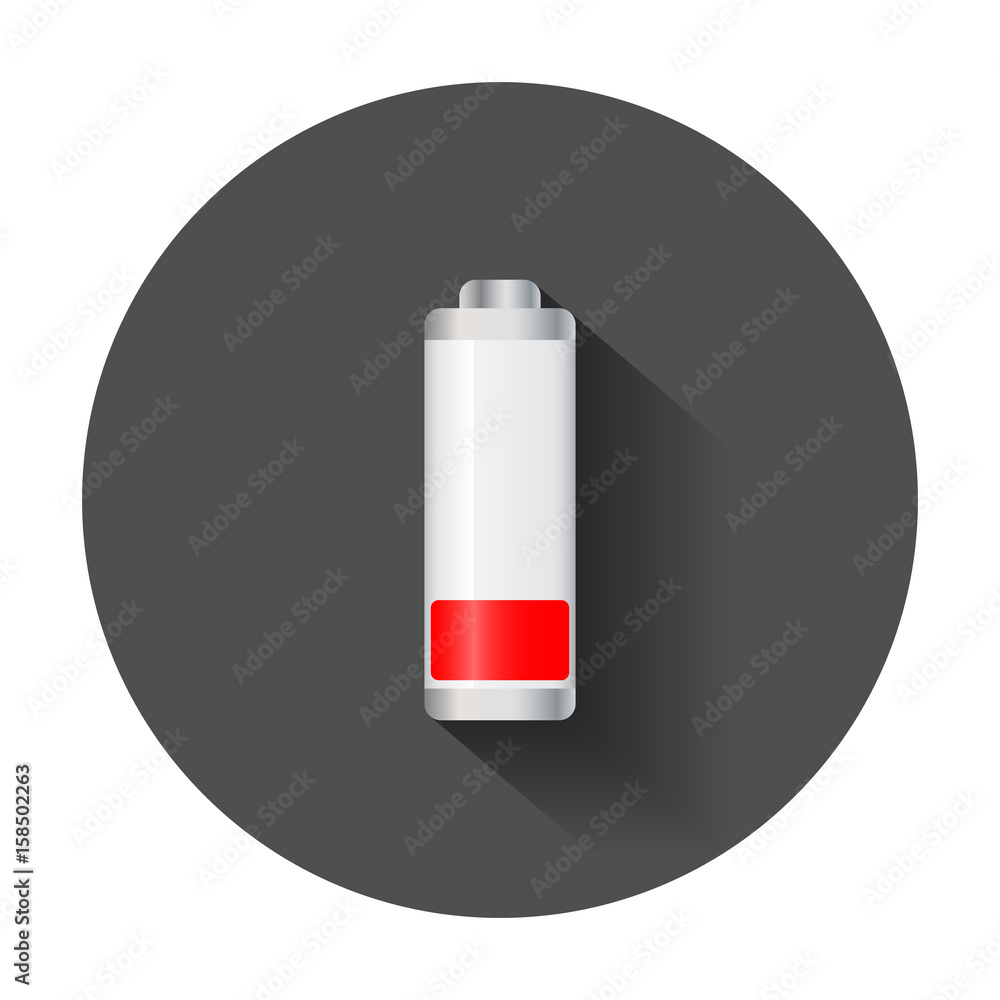 Low level battery charge level indicator. Vector illustration with long shadow. Low level battery charge level indicator. Vector illustration with long shadow.