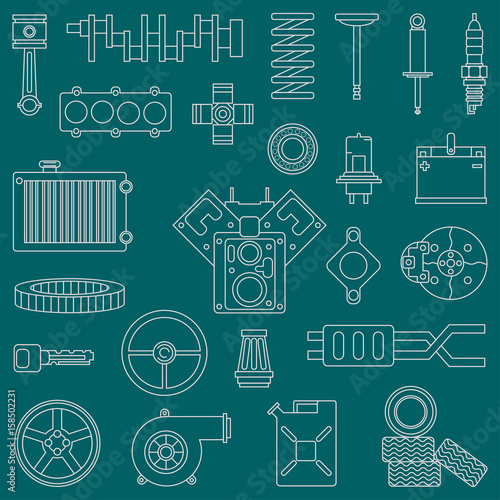 Line flat vector icon car parts set with undercarriage end internal combustion engine elements. Industrial. Cartoon style. Illustration and element for design. Monochrome. Auto service. Maintenance.