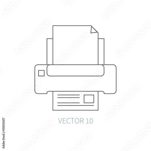 Flat line vector computer part icon - printer. Cartoon style. Illustration and element for your design. Simple. Monochrome. Pc collection. IT. Electronic computing systems. Server. Data. Chip. Ink.