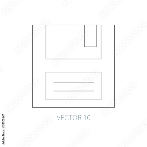 Flat line vector computer part icon - floppy disk. Cartoon style. Illustration and element for your design. Simple. Monochrome. Pc collection. IT. Electronic computing systems. Retro. Data. Chip.