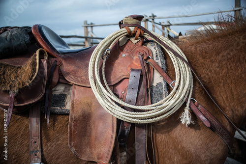 Fototapeta Naklejka Na Ścianę i Meble -  Sorrel horse saddled up and ready to ride in the corral