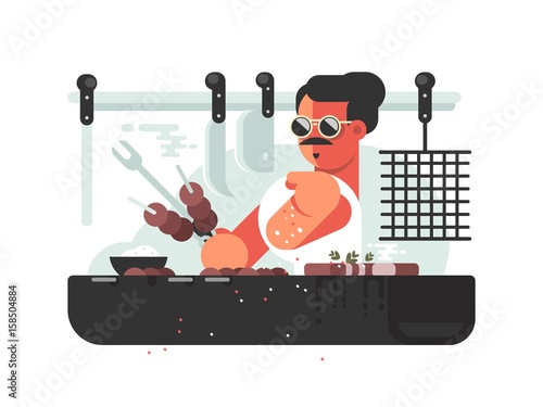 Man cooking barbecue on grill.