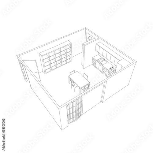 Black pen freehand sketch drawing of furnished domestic kitchen