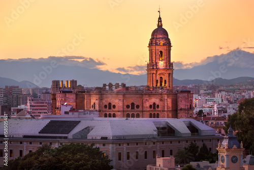 Aerial View of Malaga Cathedral in the Evening, Malaga, Andalusia, Spain