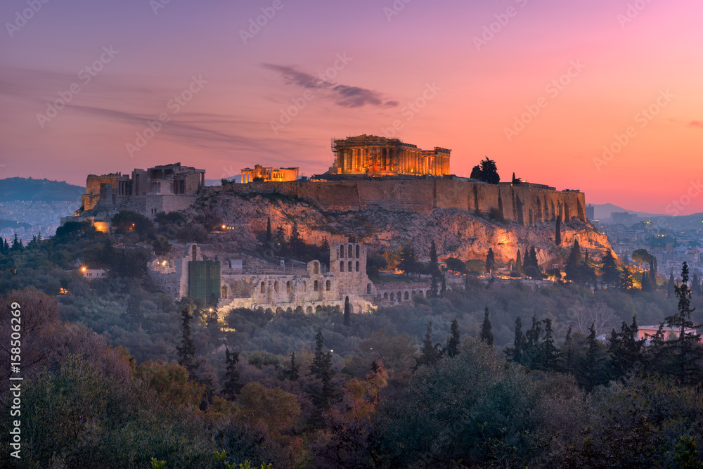 View of Acropolis from the Philopappos Hill in the Morning, Athens, Greece View of Acropolis from the Philopappos Hill in the Morning, Athens, Greece