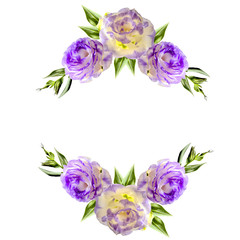 Vintage floral frame from two corners with purple eustoma flowers
