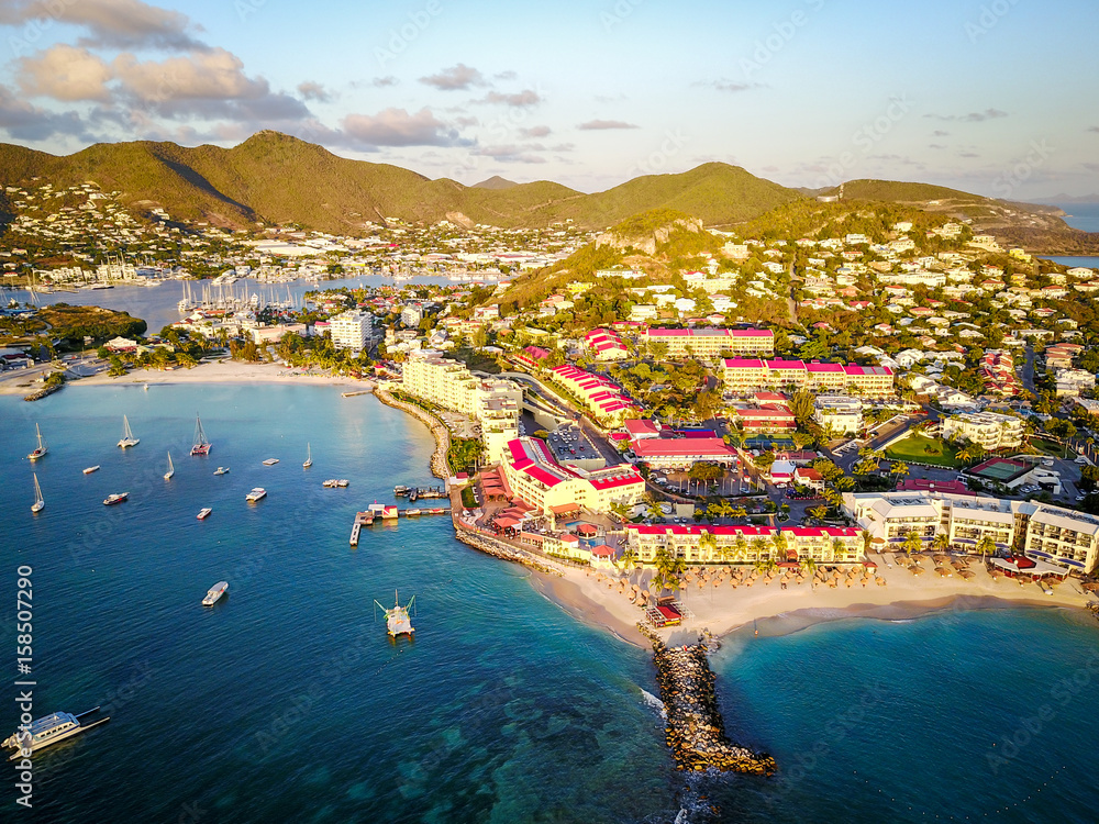 Tropical resorts built on coastline in Saint Martin