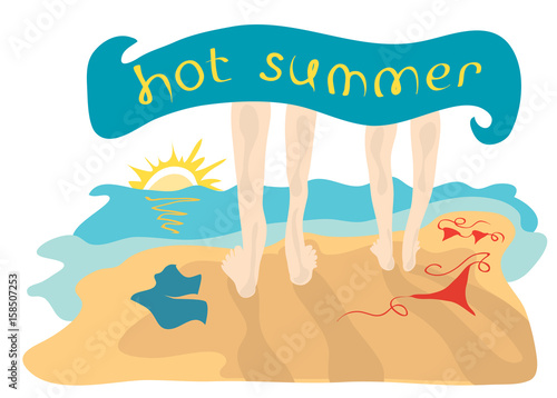 Spend the hot summer together/ Vector illustration a couple goes to bathe in the sea without clothes, hiding under a towel with an inscription
