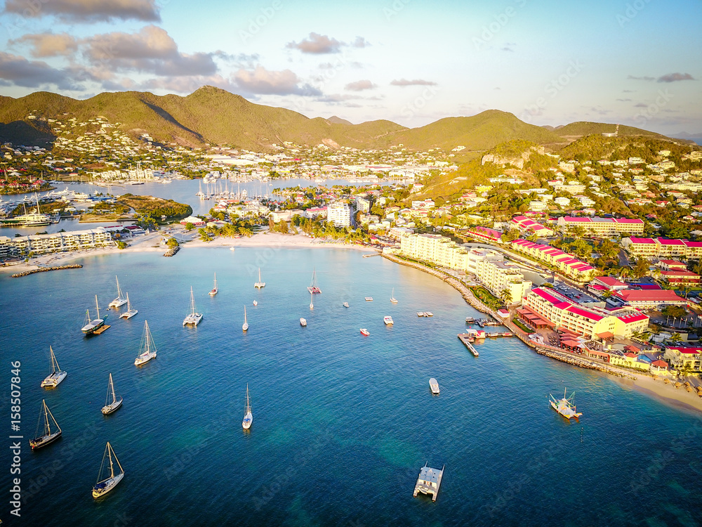 Tropical resorts built on coastline in Saint Martin