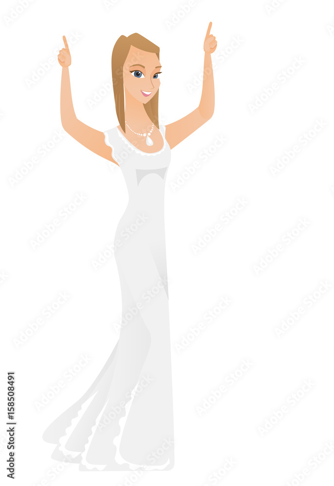 Successful caucasian fiancee in white dress standing with raised arms up. Full length of young fiancee celebrating with raised arms up. Vector flat design illustration isolated on white background. Successful caucasian fiancee in white dress standing with raised arms up. Full length of young fiancee celebrating with raised arms up. Vector flat design illustration isolated on white background.