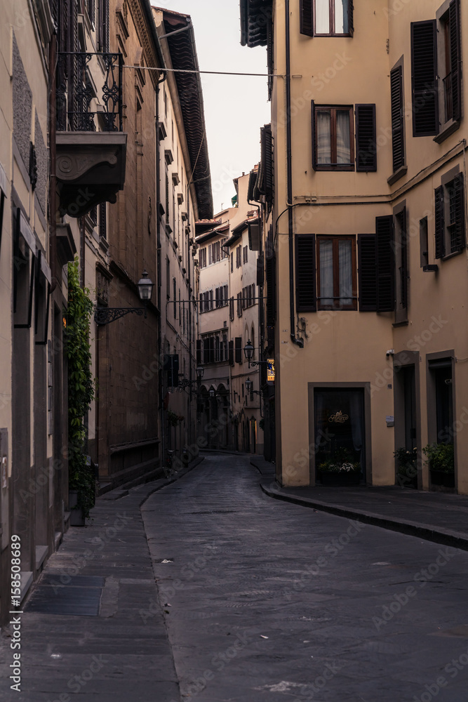 Narrow street and buildings near the River in Florence Italy, at dawn.