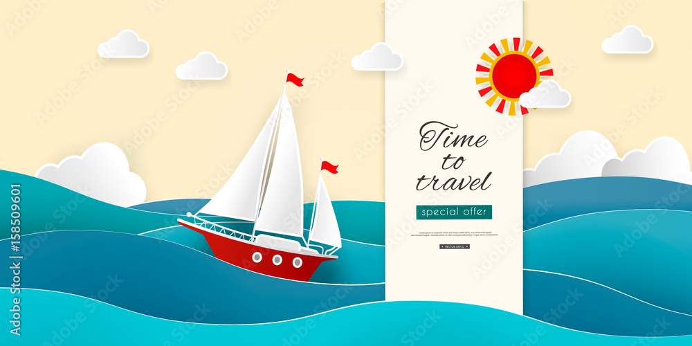 Naklejka premium Time to travel. Sailboat in the sea. Sun, clouds, wave, ship. Vector illustration for advertising, tourism, cruises, travel agency, discounts and sales. Paper style