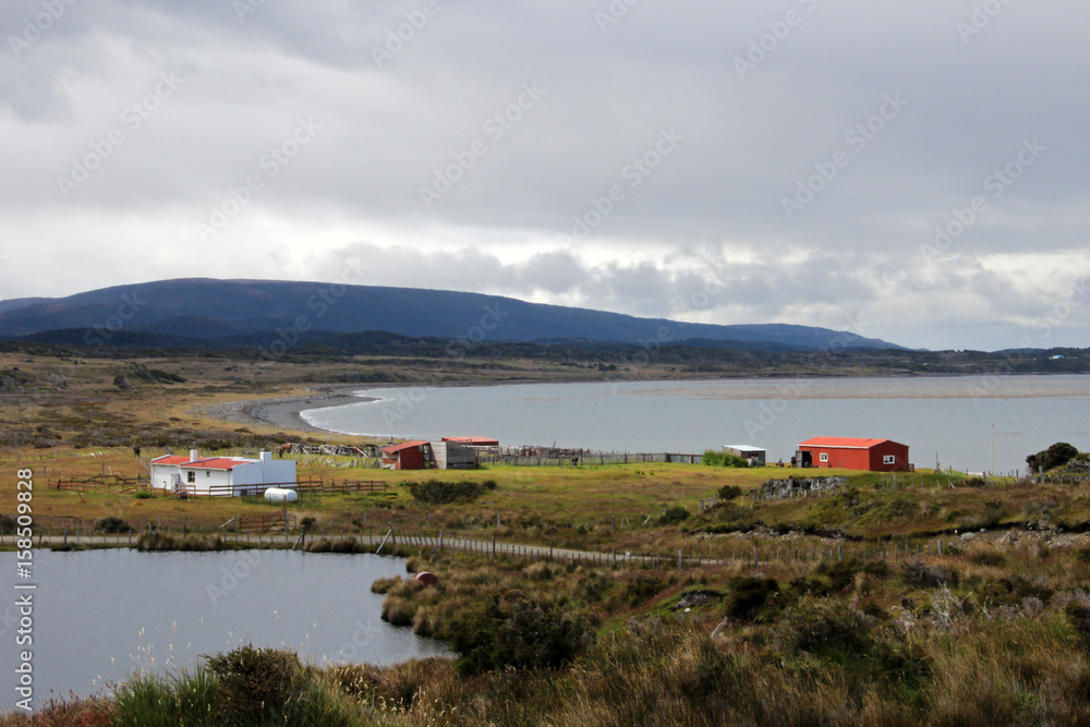 Fototapeta premium Traditional old farm, Beagle Channel, Ushuaia, Tierra Del Fuego, Patagonia Argentina