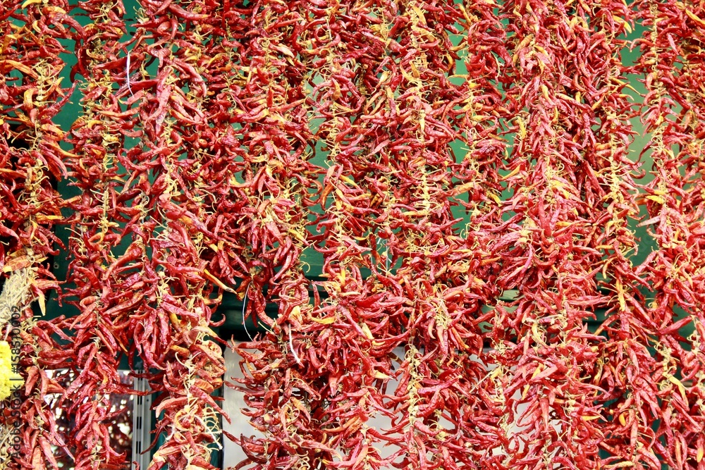 Fresh Red Hot Chillies hanging and drying out at a market stall in Turkey, 2017