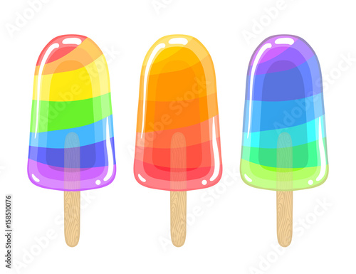 Set of three artoon cool popsicle. Sweet ice cream isolated on the white background.