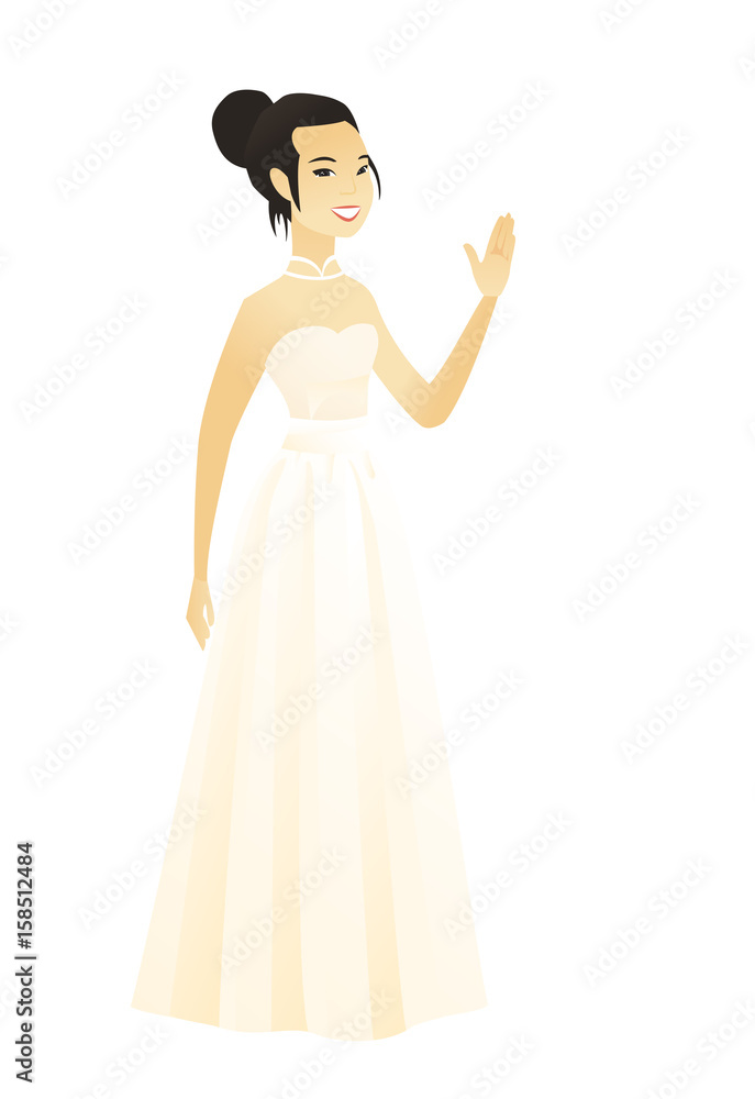 Asian bride in white dress waving her hand. Full length of young bride waving her hand. Bride making a greeting gesture - waving hand. Vector flat design illustration isolated on white background.